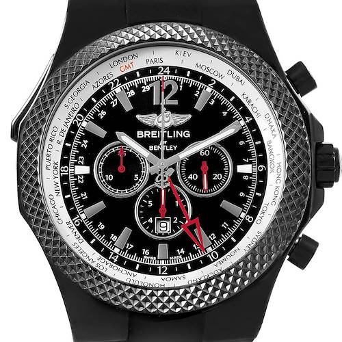 The image shows a frontal view of a Breitling Bentley M47362 Men's Stainless Steel Black Dial M47362 Men's Stainless Steel Black Dial watch, displaying the dial, bezel, and crown.