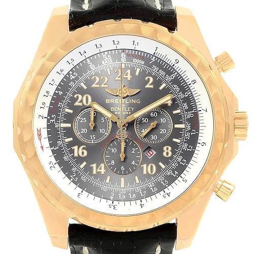 This image shows the front view of the Breitling Bentley K22362 Men's Yellow Gold Grey Dial K22362 Men's Yellow Gold Grey Dial watch featuring its dial, hands, subdials, and case.