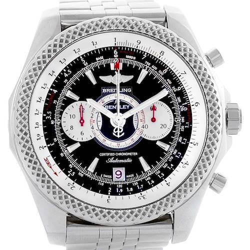 This image shows a frontal view of the Breitling Bentley A26364 Men's Stainless Steel Black Dial A26364 Men's Stainless Steel Black Dial model watch, displaying its bezel, dial, chronograph subdials, and bracelet.