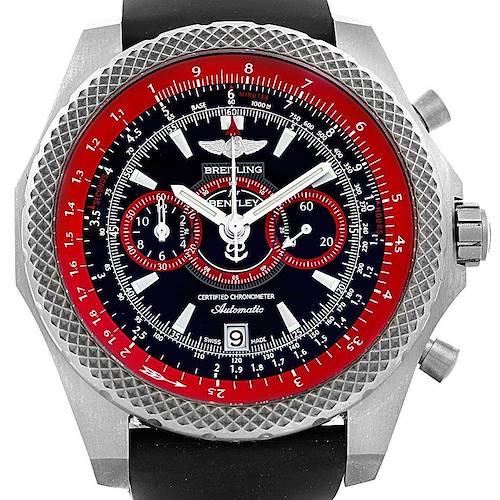 The image shows a front view of a Bentley model by Breitling, displaying the watch face, bezel, and pushers.