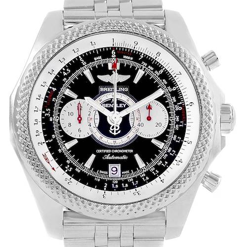 The image shows a front view of the Breitling Bentley A26364 Men's Stainless Steel Black Dial A26364 Men's Stainless Steel Black Dial watch, displaying the dial, bezel, and part of the metal bracelet.
