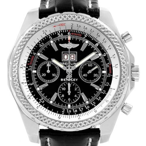 The image shows a front view of the Bentley model watch by Breitling, displaying its face, bezel, and two side buttons.