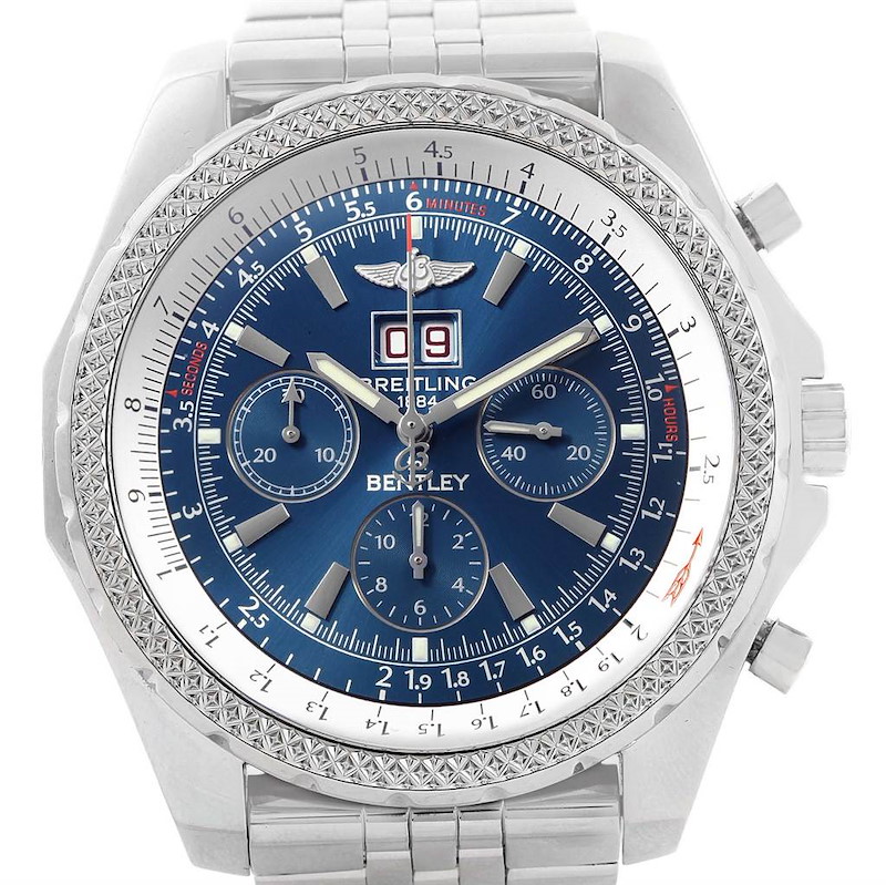 This image shows a direct front view of a Breitling Bentley A44362 Men's Stainless Steel Blue Dial A44362 Men's Stainless Steel Blue Dial watch, highlighting the face, dials, bezel, and part of the bracelet.