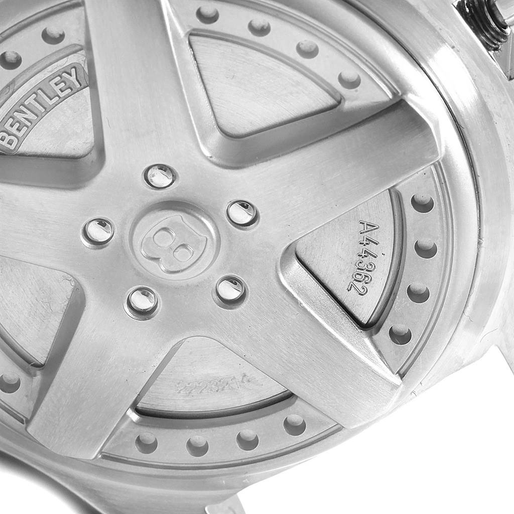 Close-up of the back plate of a Breitling Bentley A44362 Men's Stainless Steel Blue Dial A44362 Men's Stainless Steel Blue Dial watch, highlighting the branding and part number "A44362."