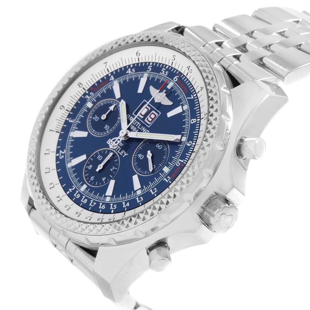 This image shows the front and side view of a Breitling Bentley A44362 Men's Stainless Steel Blue Dial A44362 Men's Stainless Steel Blue Dial watch, highlighting its dial, bezel, and pushers.