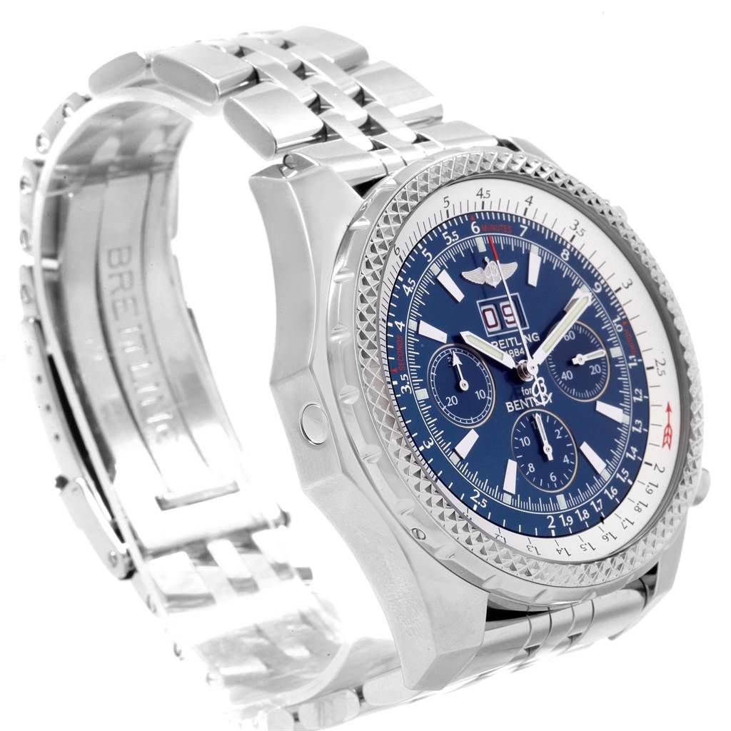 This image shows a side angle of a Breitling Bentley A44362 Men's Stainless Steel Blue Dial A44362 Men's Stainless Steel Blue Dial model watch, highlighting its face, bezel, and stainless steel bracelet.