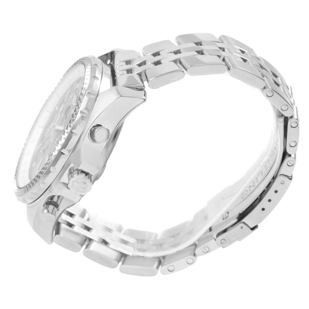 The image shows a side profile of the Breitling Bentley A44362 Men's Stainless Steel Blue Dial A44362 Men's Stainless Steel Blue Dial watch, highlighting the watch case, crown, bezel, and bracelet.