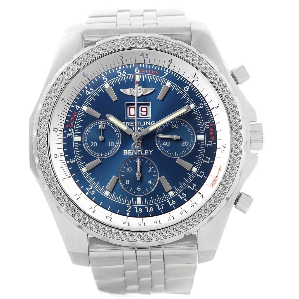 The Breitling Bentley A44362 Men's Stainless Steel Blue Dial A44362 Men's Stainless Steel Blue Dial watch is shown from the front, displaying its blue dial, chronograph subdials, and apertures on a metal bracelet.