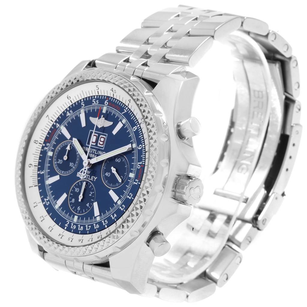 The image shows a Breitling Bentley A44362 Men's Stainless Steel Blue Dial A44362 Men's Stainless Steel Blue Dial model watch at a three-quarter angle, highlighting its face, bezel, and metal bracelet.