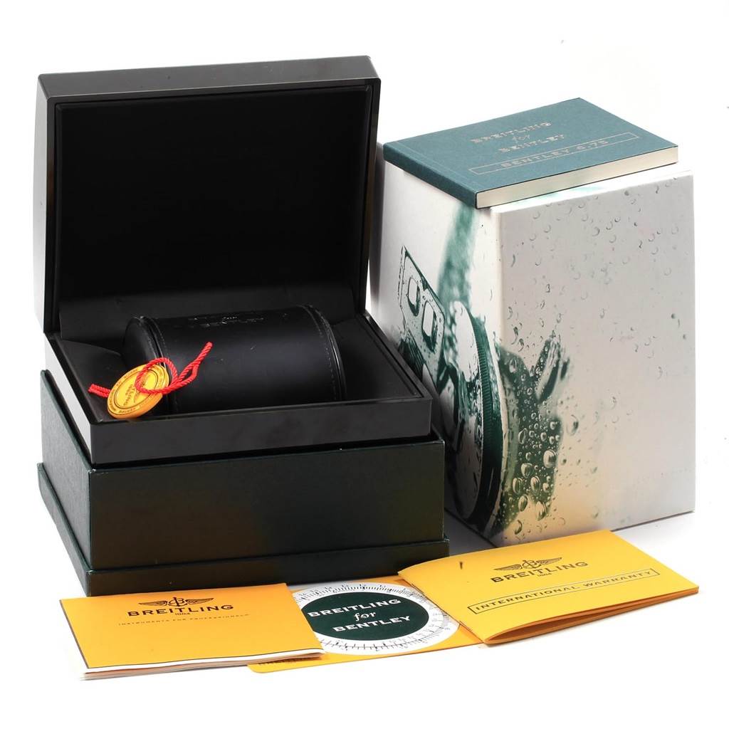 The image shows the packaging, box, case, tags, and documentation for a Breitling Bentley A44362 Men's Stainless Steel Blue Dial A44362 Men's Stainless Steel Blue Dial watch.