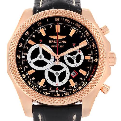 The Breitling Bentley R25366 Men's Rose Gold Black Dial R25366 Men's Rose Gold Black Dial watch is shown from a front angle, highlighting its black dial, rose gold case, and black leather strap.