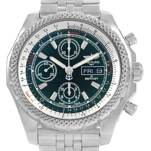 The image shows a frontal view of a Bentley model Breitling watch, highlighting the dial, bezel, chronograph subdials, and bracelet.