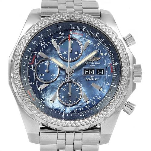The image shows a front view of a Breitling Bentley A13362 Men's Stainless Steel Mother of Pearl Dial A13362 Men's Stainless Steel Mother of Pearl Dial model watch, highlighting its dial, chronographs, day-date display, and metal bracelet.