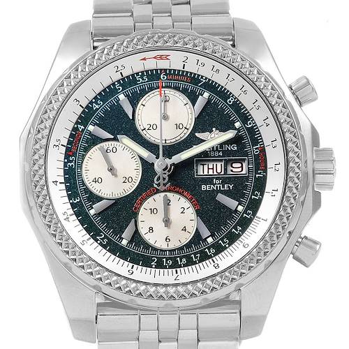 The image shows a front view of the Breitling Bentley A13362 Men's Stainless Steel Green Dial A13362 Men's Stainless Steel Green Dial watch, highlighting the face, bezel, and bracelet.