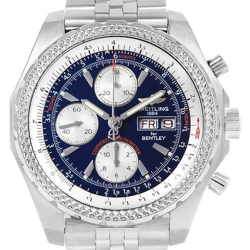 The image shows a front view of the Breitling Bentley A13363 Men's Stainless Steel Blue Dial A13363 Men's Stainless Steel Blue Dial model watch, displaying the dial, hands, subdials, date, and part of the bracelet.