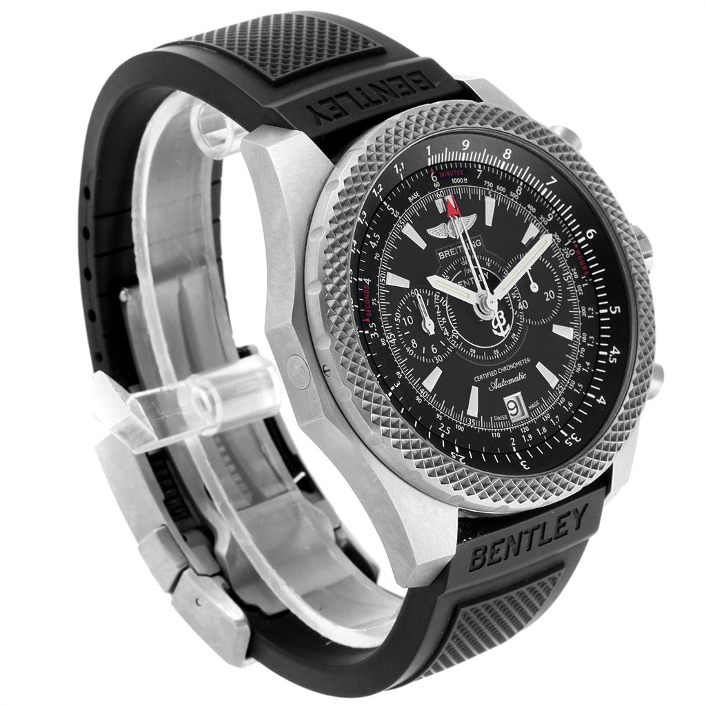 The Breitling Bentley E27365 Men's Titanium Black Dial E27365 Men's Titanium Black Dial watch is shown at an angle highlighting its face, bezel, and part of its rubber strap.