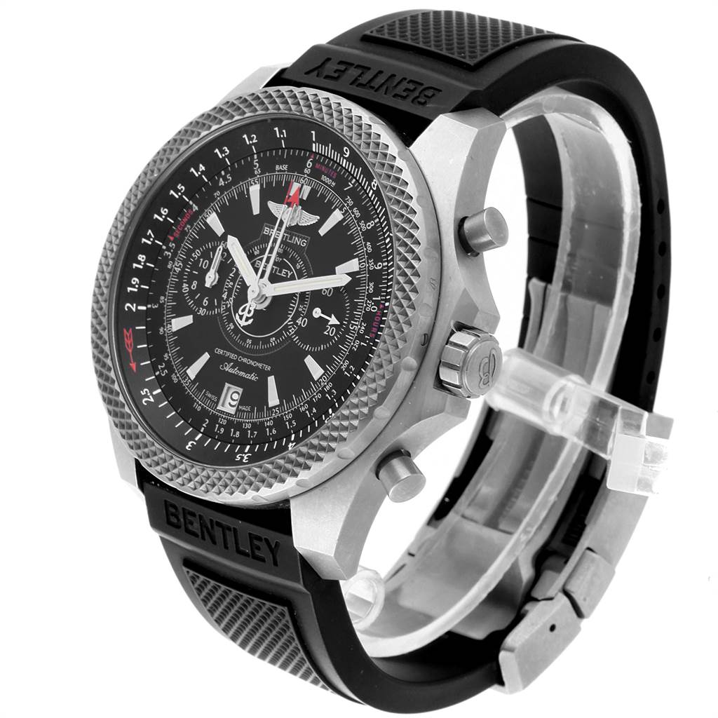 The image shows a Bentley model by Breitling from a side angle, highlighting the watch face, bezel, pushers, crown, and rubber strap.