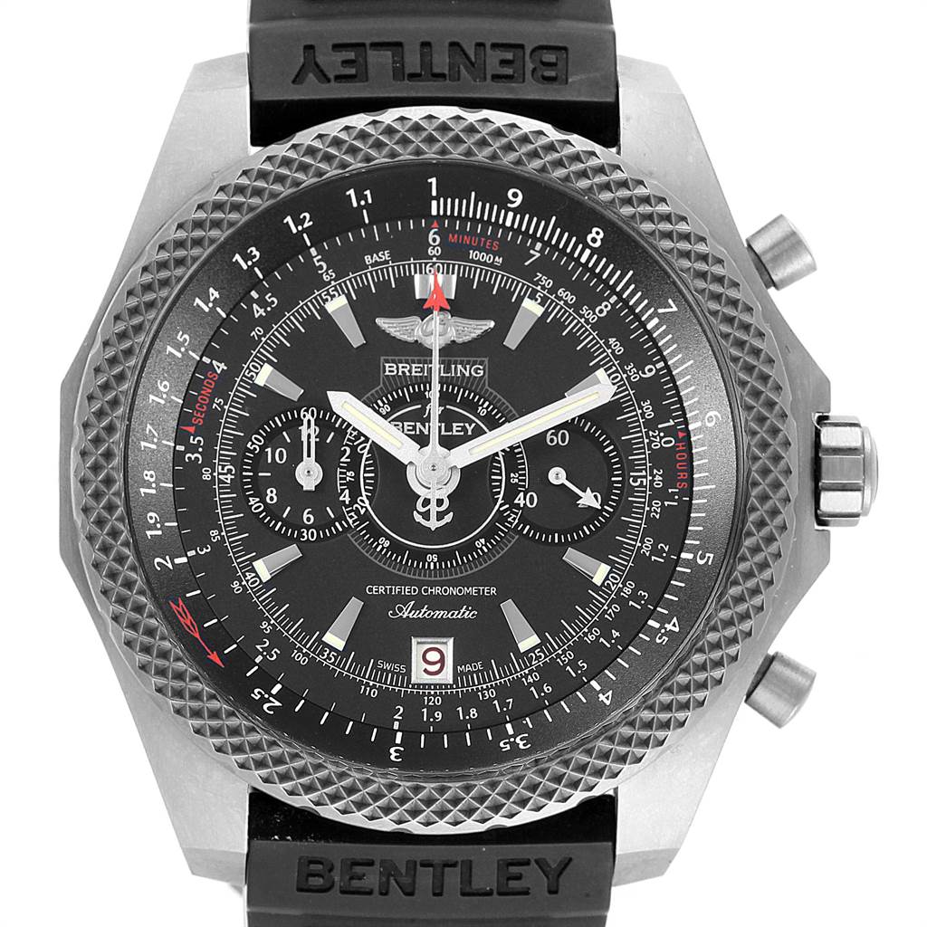 The image shows a front view of a Breitling Bentley E27365 Men's Titanium Black Dial E27365 Men's Titanium Black Dial watch featuring a black dial, multiple sub-dials, and a textured bezel.
