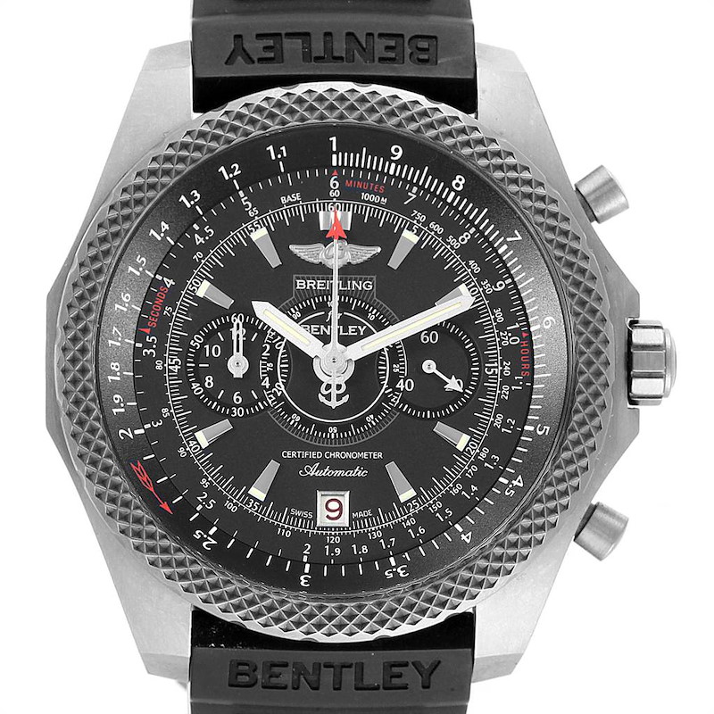 The image shows a front view of a Breitling Bentley E27365 Men's Titanium Black Dial E27365 Men's Titanium Black Dial watch featuring a black dial, multiple sub-dials, and a textured bezel.