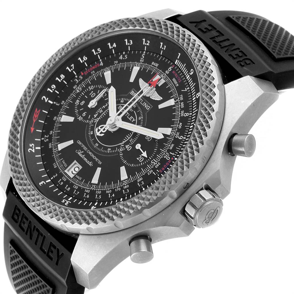 This image shows a Breitling Bentley E27365 Men's Titanium Black Dial E27365 Men's Titanium Black Dial watch from a three-quarter angle, highlighting its bezel, chronograph dial, and strap.