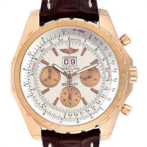 The Breitling Bentley A44364 Men's Rose Gold Silver Dial A44364 Men's Rose Gold Silver Dial watch is shown from a front view, highlighting the face, chronograph subdials, and crown.