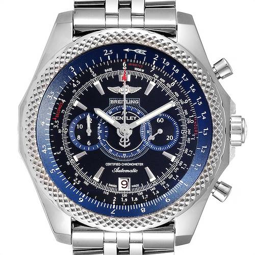 The image shows a front view of the Breitling Bentley A26364 Men's Stainless Steel Black Dial A26364 Men's Stainless Steel Black Dial watch, highlighting its face, bezel, and part of the bracelet.