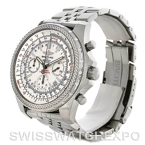 The image shows a side-angle view of a Breitling Bentley A2536212/G552 Men's Stainless Steel Silver Dial A2536212/G552 Men's Stainless Steel Silver Dial model watch, highlighting the dial, bezel, chronograph buttons, and part of the bracelet.