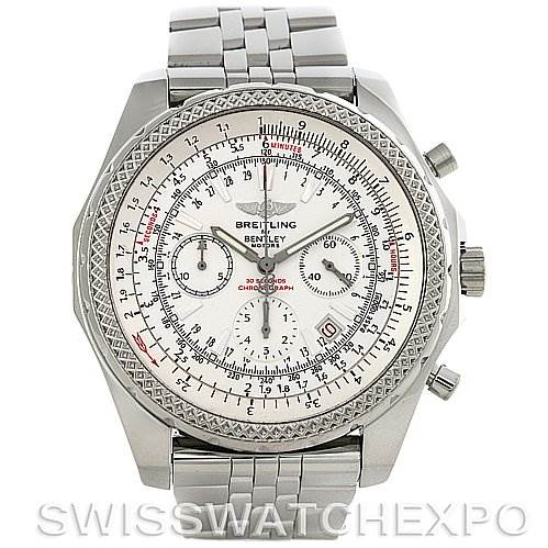 This image shows a front angle of a Breitling Bentley A2536212/G552 Men's Stainless Steel Silver Dial A2536212/G552 Men's Stainless Steel Silver Dial model watch, featuring the face, bezel, pushers, crown, and metal bracelet.