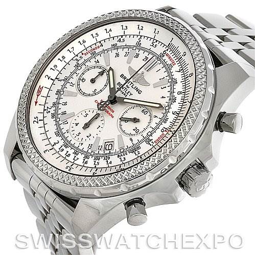 The image shows a Bentley model watch by Breitling from a front-side angle, highlighting the bezel, dials, crown, and part of the bracelet.
