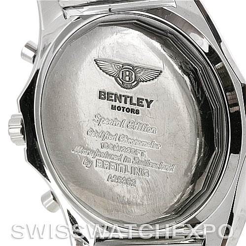 This image shows the back case of the Bentley model by Breitling, highlighting the engraved logo and text.