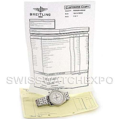 The image shows a Breitling Bentley A2536212/G552 Men's Stainless Steel Silver Dial A2536212/G552 Men's Stainless Steel Silver Dial model watch along with its accompanying documents, including a receipt and a certification.