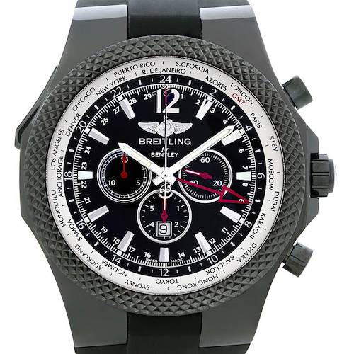 This image shows a Breitling Bentley M47362 Men's Stainless Steel Black Dial M47362 Men's Stainless Steel Black Dial watch face with a detailed bezel and chronograph dials at a straight-on angle.