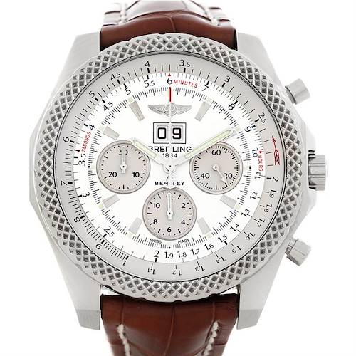 This image shows a close-up view of the Breitling Bentley A44364 Men's Stainless Steel Silver Dial A44364 Men's Stainless Steel Silver Dial model watch, highlighting its face, bezel, and crown.