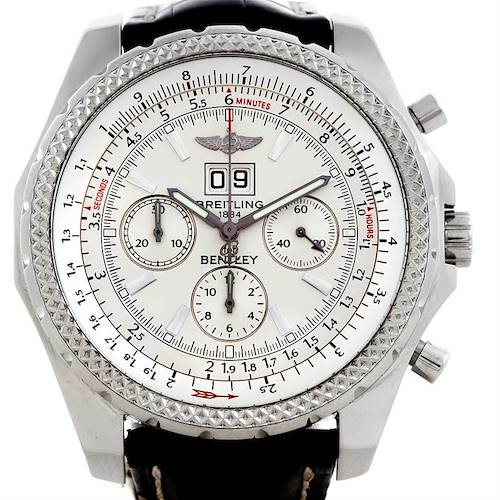 The image shows the front view of a Breitling Bentley A44362 Men's Stainless Steel Silver Dial A44362 Men's Stainless Steel Silver Dial watch, highlighting its face, subdials, bezel, and chronograph pushers.