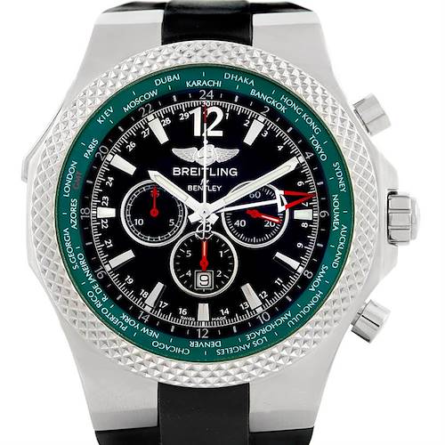 The image shows a front view of the Breitling Bentley A47362 Men's Stainless Steel Black Dial A47362 Men's Stainless Steel Black Dial watch, highlighting the dial, bezel, and part of the strap and crown.