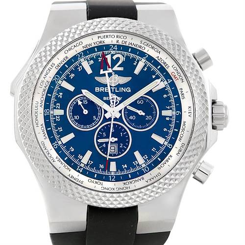 The photo shows a frontal, close-up view of a Breitling Bentley A47362 Men's Stainless Steel Blue Dial A47362 Men's Stainless Steel Blue Dial watch, highlighting its dial, bezel, and crown.
