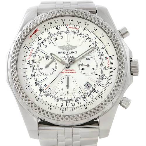 The image shows a front view of the Breitling Bentley A25362 Men's Stainless Steel Silver Dial A25362 Men's Stainless Steel Silver Dial model watch, displaying its dial, subdials, bezel, and part of the bracelet.