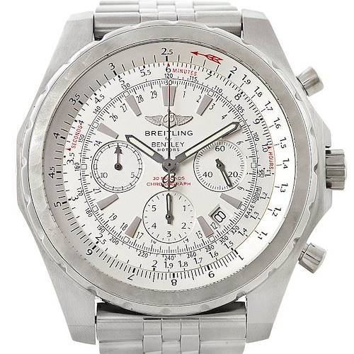 The image shows a frontal view of the Breitling Bentley A25363 Men's Stainless Steel Silver Dial A25363 Men's Stainless Steel Silver Dial watch, displaying its face, bezel, and bracelet.