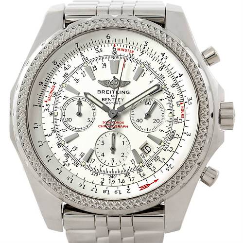 The image shows a frontal view of the Breitling Bentley A25362 Men's Stainless Steel Silver Dial A25362 Men's Stainless Steel Silver Dial watch, highlighting the face, bezel, and steel bracelet.