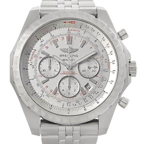 The image shows a front view of the Breitling Bentley A25365 Men's Stainless Steel Silver Dial A25365 Men's Stainless Steel Silver Dial model watch, displaying its face, dials, and metal bracelet.