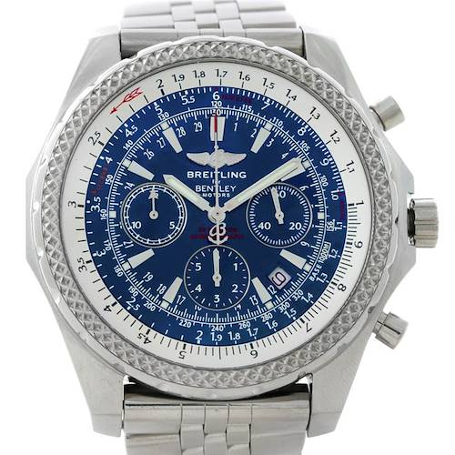 The image shows a front view of a Breitling Bentley A25362 Men's Stainless Steel Silver Dial A25362 Men's Stainless Steel Silver Dial watch, featuring a blue dial, chronograph subdials, and a stainless steel bracelet.