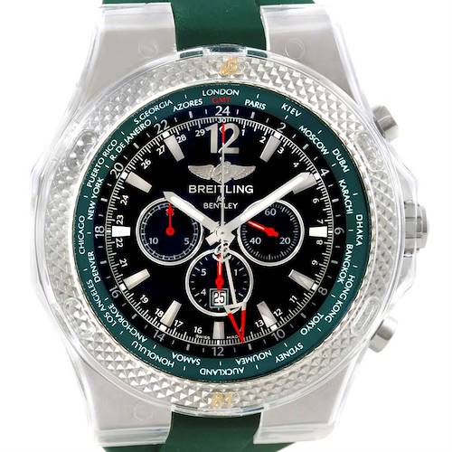 This image shows a Bentley model by Breitling watch at a front angle, highlighting its detailed face, dials, and bezel.