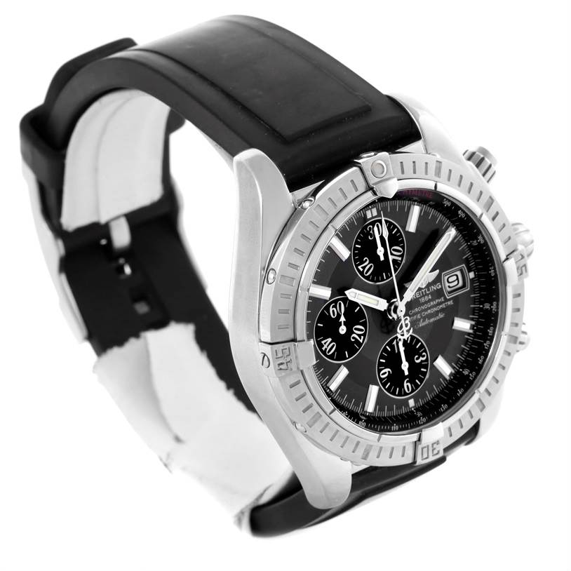 The image shows a Breitling Chronomat A13356 Men's Stainless Steel Grey Dial A13356 Men's Stainless Steel Grey Dial watch at a three-quarter angle highlighting its face, bezel, and rubber strap.