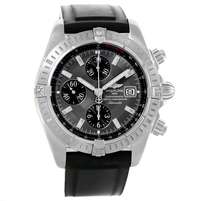 The image shows a front view of the Breitling Chronomat A13356 Men's Stainless Steel Grey Dial A13356 Men's Stainless Steel Grey Dial watch, highlighting its dial, bezel, pushers, and black strap.