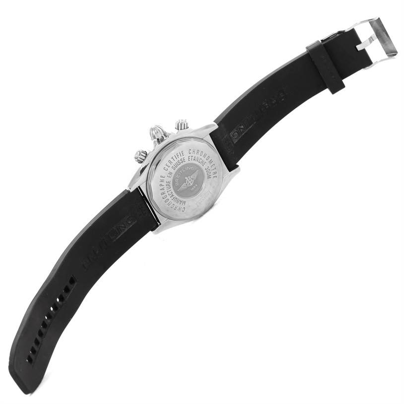 The image shows the back view of a Breitling Chronomat A13356 Men's Stainless Steel Grey Dial A13356 Men's Stainless Steel Grey Dial watch, highlighting its case back and rubber strap.