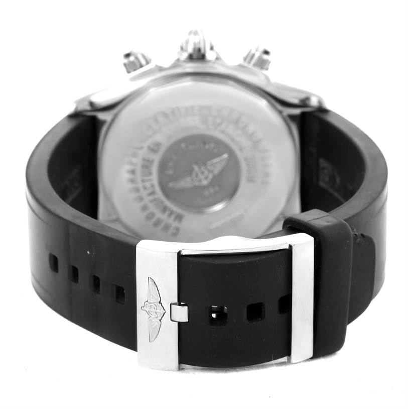 The image shows the back view of the Breitling Chronomat A13356 Men's Stainless Steel Grey Dial A13356 Men's Stainless Steel Grey Dial watch, highlighting the clasp and case back.