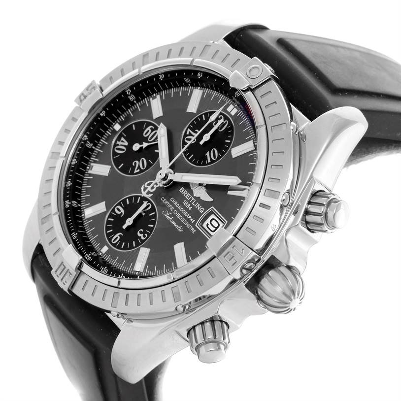 The image shows a Breitling Chronomat A13356 Men's Stainless Steel Grey Dial A13356 Men's Stainless Steel Grey Dial watch at a slight angle, highlighting its chronograph dials, bezel, crown, and pushers.