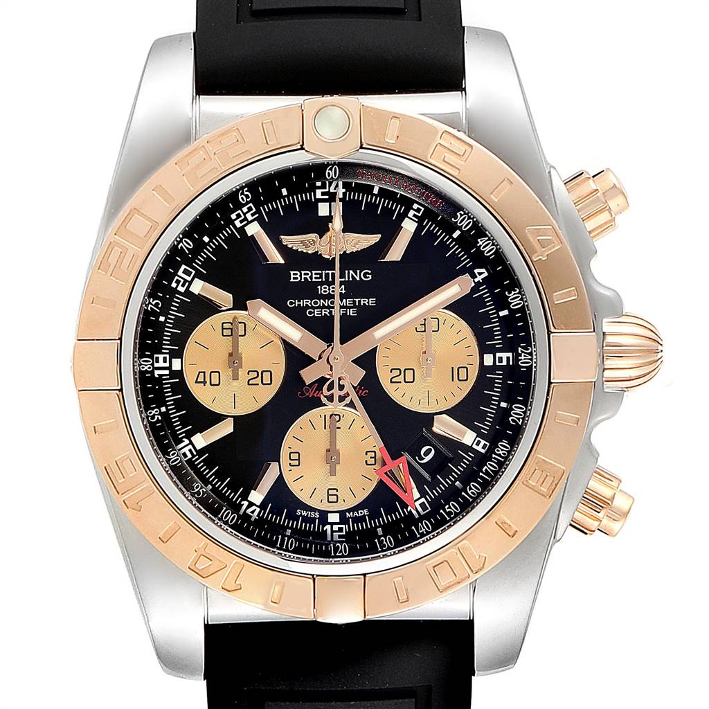 The Breitling Chronomat CB042012/BB86 Men's Steel and Gold (two tone) Black Dial CB042012/BB86 Men's Steel and Gold (two tone) Black Dial watch is shown from a top-down angle, displaying its face, bezel, and crown details.