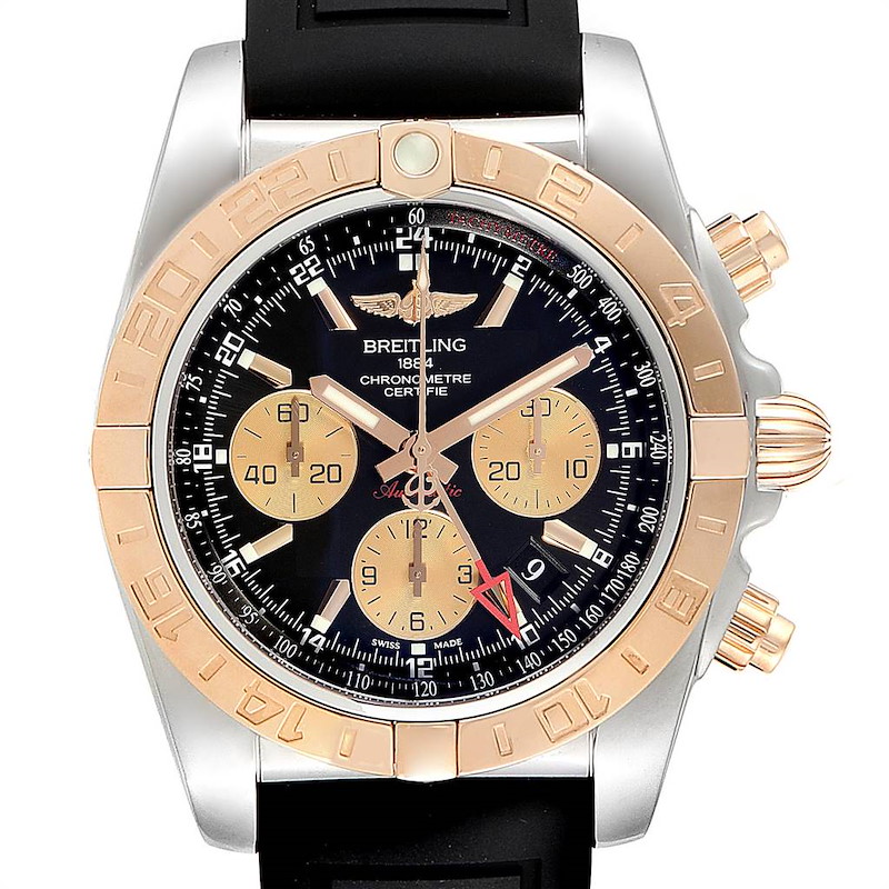 The Breitling Chronomat CB042012/BB86 Men's Steel and Gold (two tone) Black Dial CB042012/BB86 Men's Steel and Gold (two tone) Black Dial watch is shown from a top-down angle, displaying its face, bezel, and crown details.