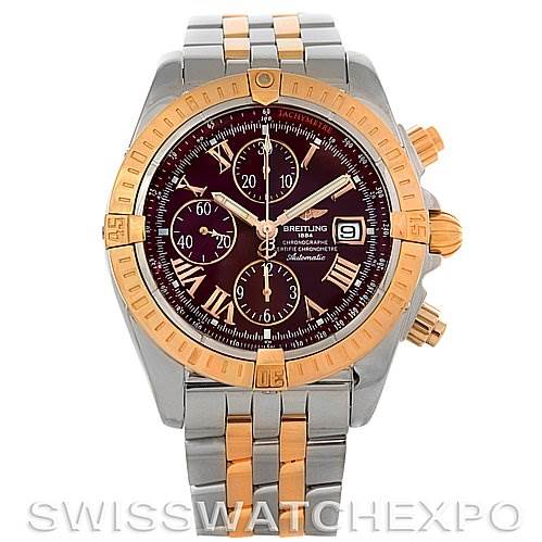 The image shows a front view of the Breitling Chronomat C1335611/K515-TT Men's Stainless Steel Burgundy Dial C1335611/K515-TT Men's Stainless Steel Burgundy Dial watch, displaying its dial, bezel, bracelet, and chronograph subdials.